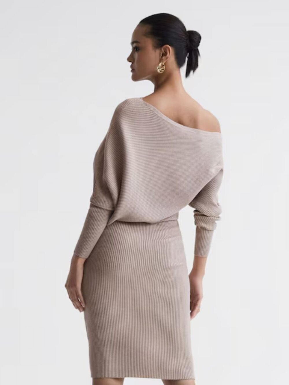 Reiss Light Taupe Asymmetrical Ribbed Knit Dress